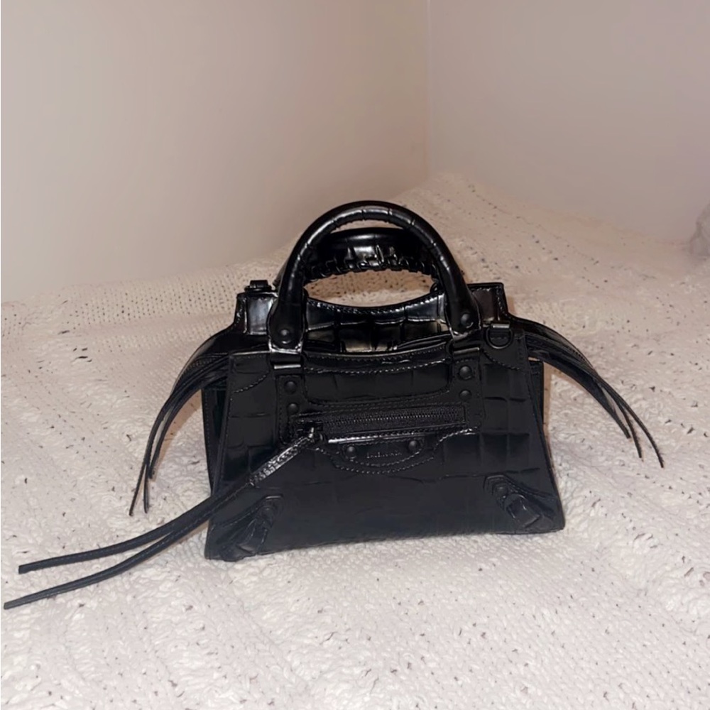 AUTHENTIC- BALENCIAGA Neo Classic MINI All Black CROC Embossed Bag